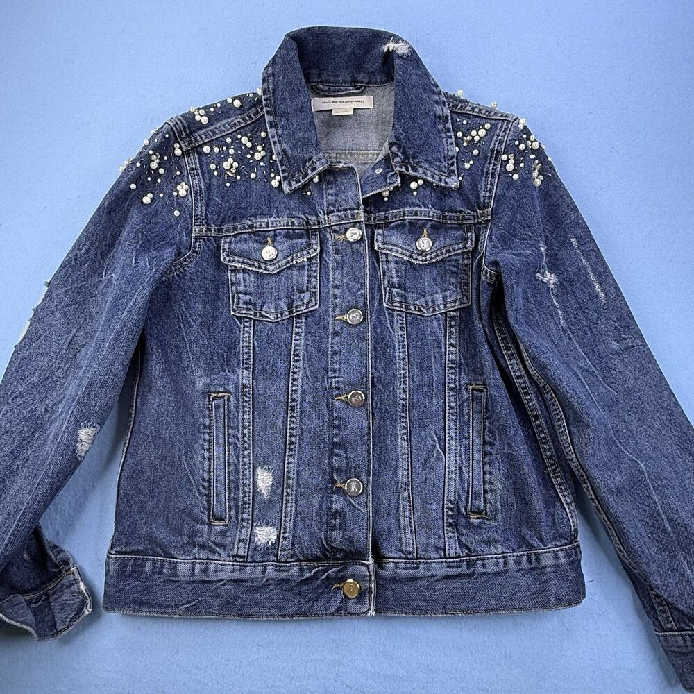 Anthropologie Pilcro Pearled 100% Cotton Denim Distressed Jean Jacket SZ S 1221
